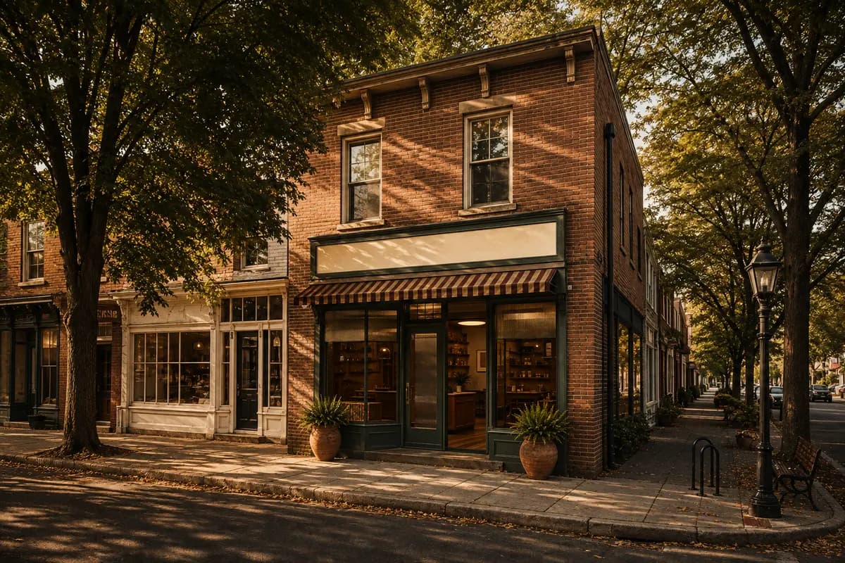 A fictional neighborhood storefront and its surrounding street