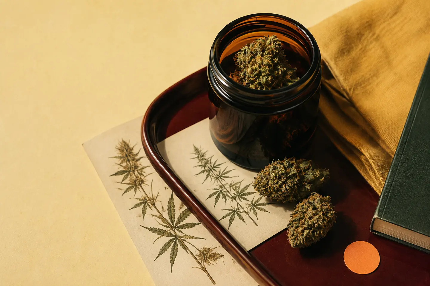 Editorial illustration of an amber jar beside botanical field notes